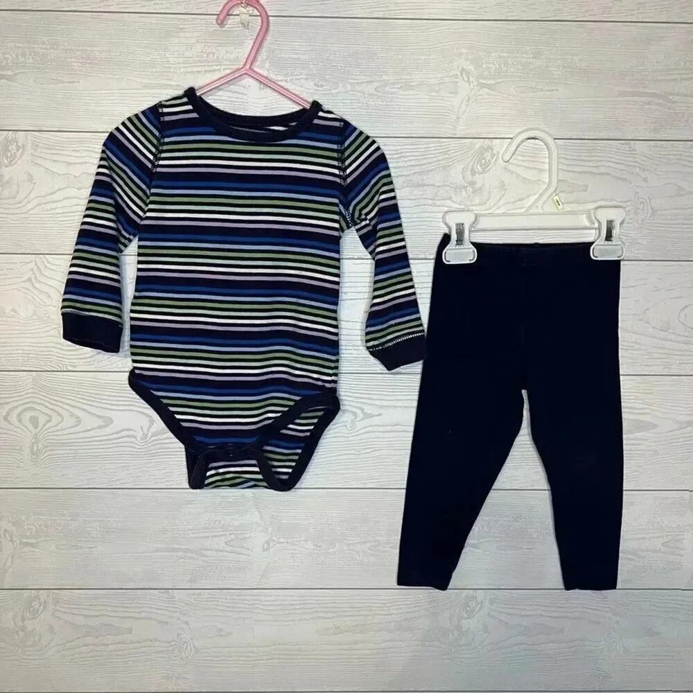 Cherokee long sleeve striped bodysuit/ Carter’s navy leggings size 18 months